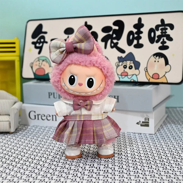 For 17cm Labubu Doll luxury clothes pink dresses Bow headband