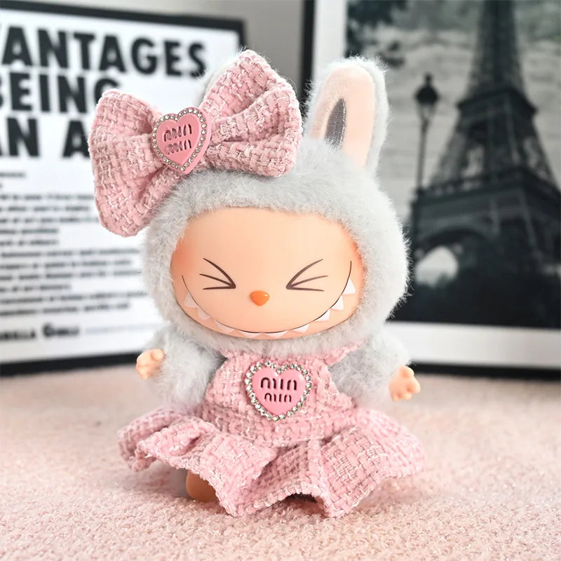 For 17cm Labubu Doll luxury clothes pink dresses Bow headband