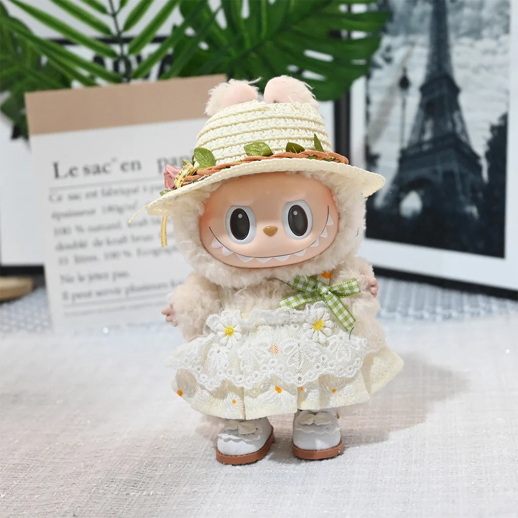 For 17cm Labubu Doll luxury clothes pink dresses Bow headband