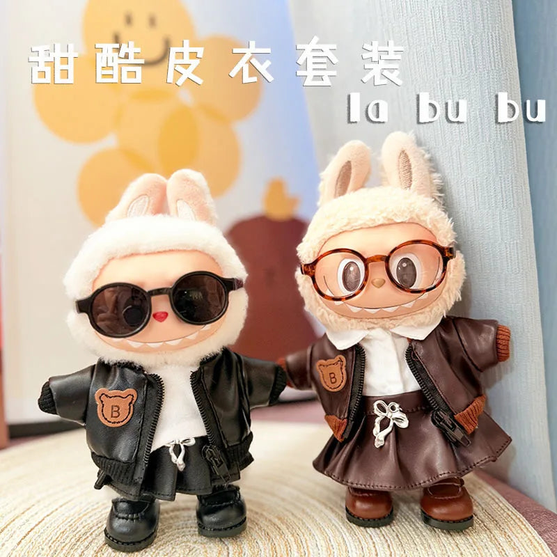 Edgy Faux Leather Outfits for 17cm Labubu Dolls
