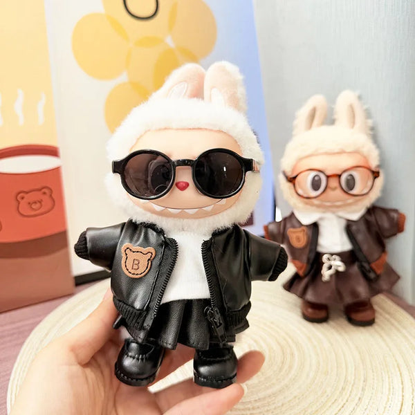 Edgy Faux Leather Outfits for 17cm Labubu Dolls