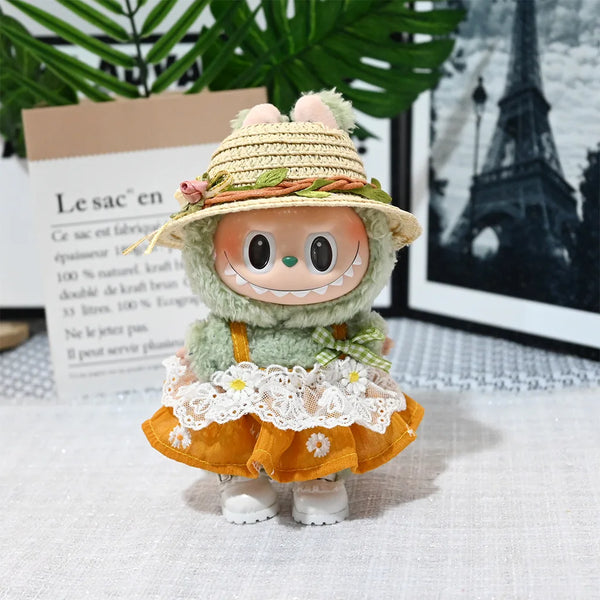 For 17cm Labubu Doll luxury clothes pink dresses Bow headband