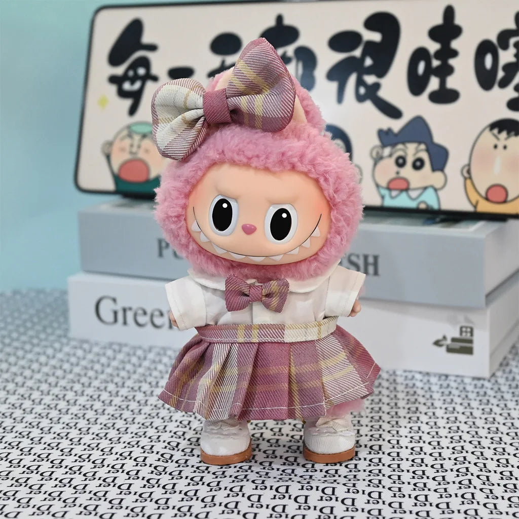 For 17cm Labubu Doll luxury clothes pink dresses Bow headband